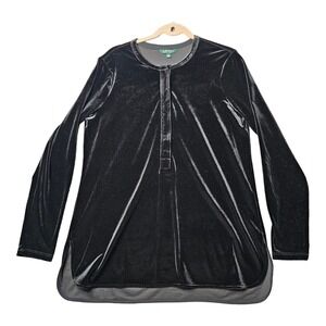 Lauren Ralph Lauren Tunic Top Womens Large Black Velvet High-Low Long Sleeve